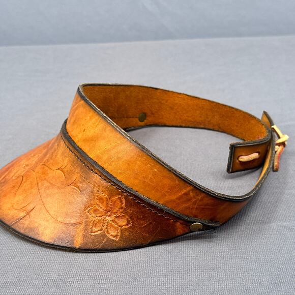 VTG Leather Hand Tooled Floral Sun Visor Brown Boho Hippie 70s Festival Western - Picture 3 of 16